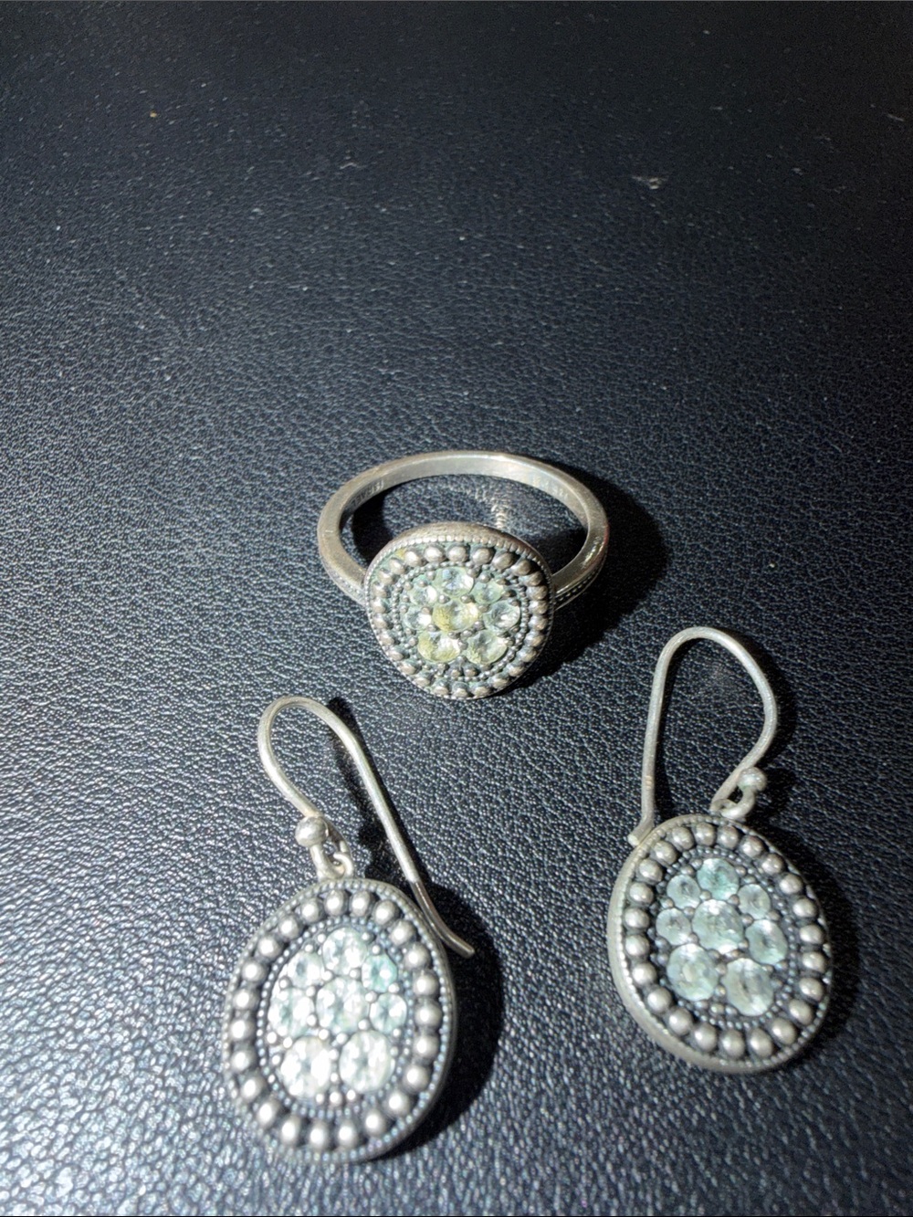 Vintage-Inspired Silver Aqua Crystal Ring and Earrings Set